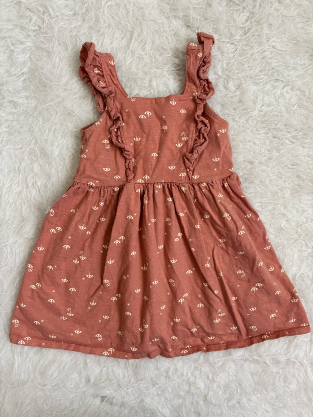 Modern Moments Girls Rust Ruffle Strap Dress with Cream Beach Umbrella AOP